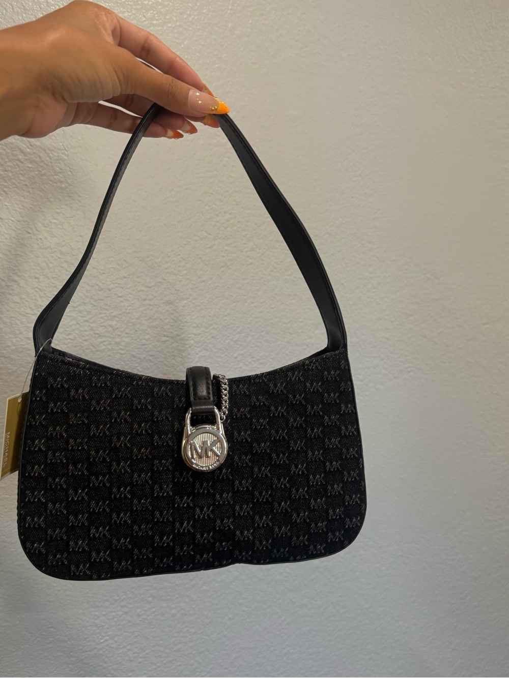 Michael Kors Black MK Monogram Shoulder Bag with Silver Charm